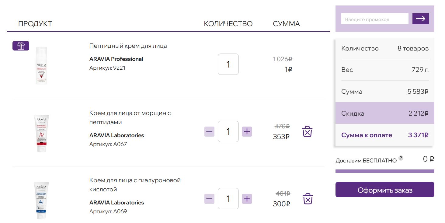 Поле для ввода промокода в корзине ARAVIA